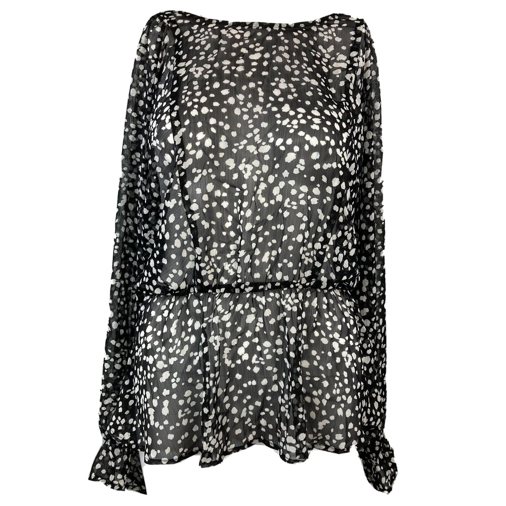 Banana Republic Shirt Women M Black White Polka Dot Silk Chiffon Sheer Peplum